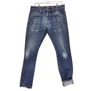 G-Star RAW Jeans Mens 32x34 Blue 3301‎ Slim Selvedge Whiskers Honeycomb Button